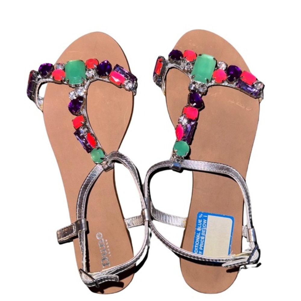 Dune London Silver Leather Jeweled Flat Sandals